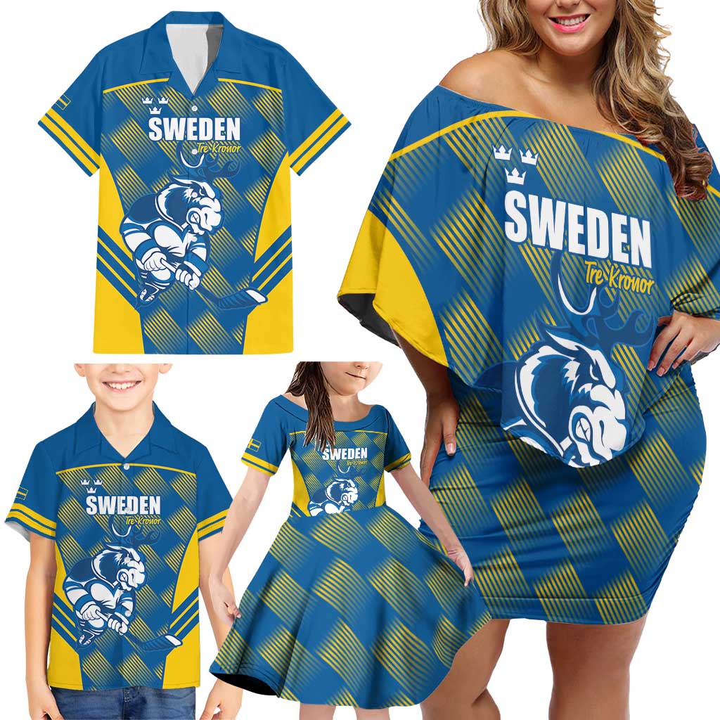 Sweden Hockey Custom Family Matching Off Shoulder Short Dress and Hawaiian Shirt Tre Kronor Swedish Moose Mascot