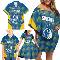 Sweden Hockey Custom Family Matching Off Shoulder Short Dress and Hawaiian Shirt Tre Kronor Swedish Moose Mascot