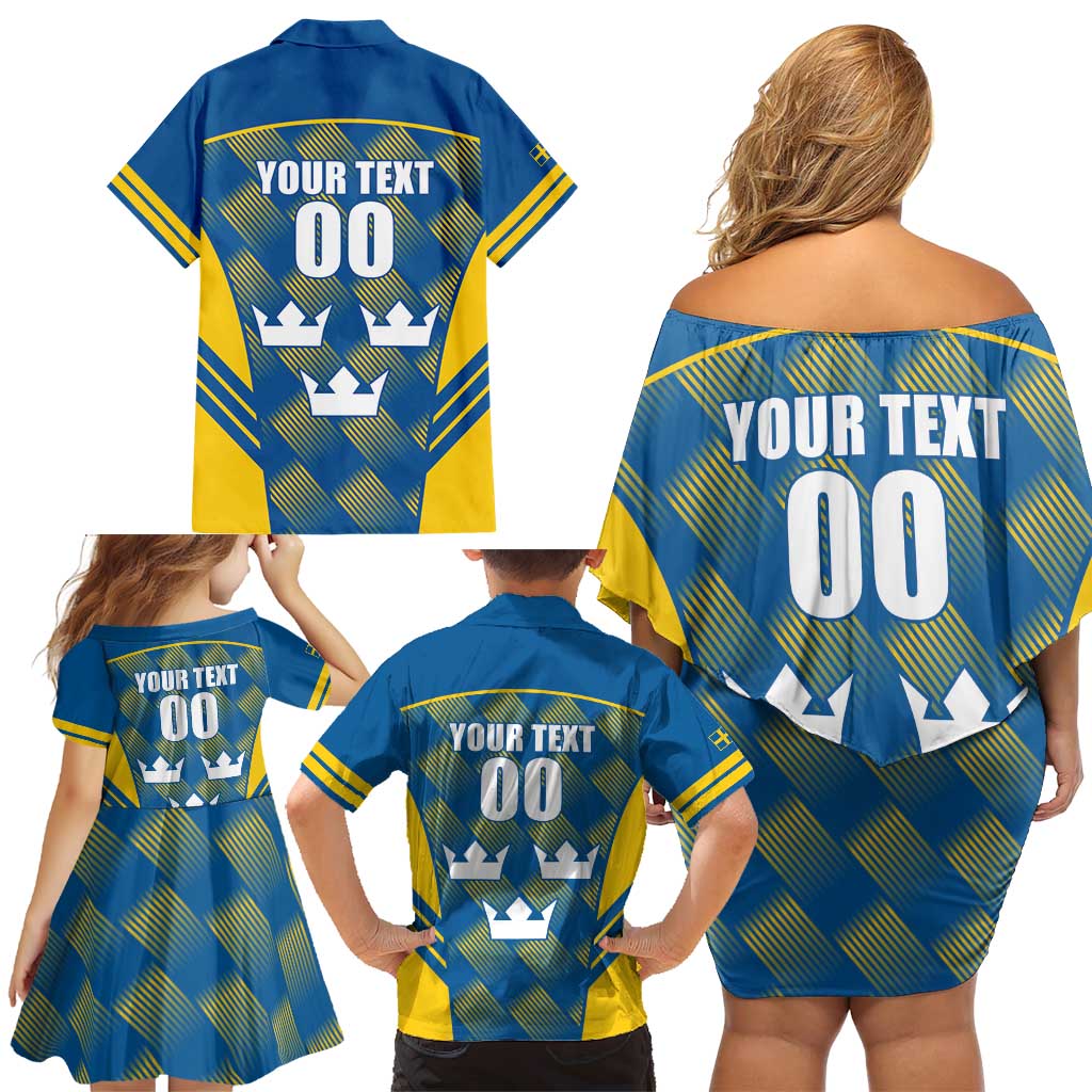 Sweden Hockey Custom Family Matching Off Shoulder Short Dress and Hawaiian Shirt Tre Kronor Swedish Moose Mascot