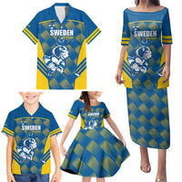 Sweden Hockey Custom Family Matching Puletasi and Hawaiian Shirt Tre Kronor Swedish Moose Mascot