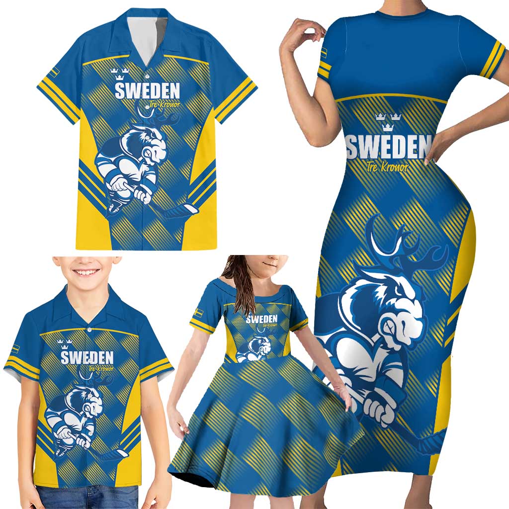 Sweden Hockey Custom Family Matching Short Sleeve Bodycon Dress and Hawaiian Shirt Tre Kronor Swedish Moose Mascot