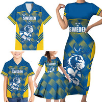 Sweden Hockey Custom Family Matching Short Sleeve Bodycon Dress and Hawaiian Shirt Tre Kronor Swedish Moose Mascot