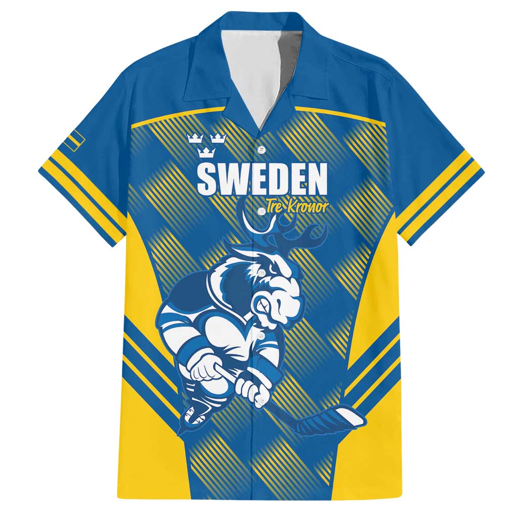 Sweden Hockey Custom Family Matching Short Sleeve Bodycon Dress and Hawaiian Shirt Tre Kronor Swedish Moose Mascot