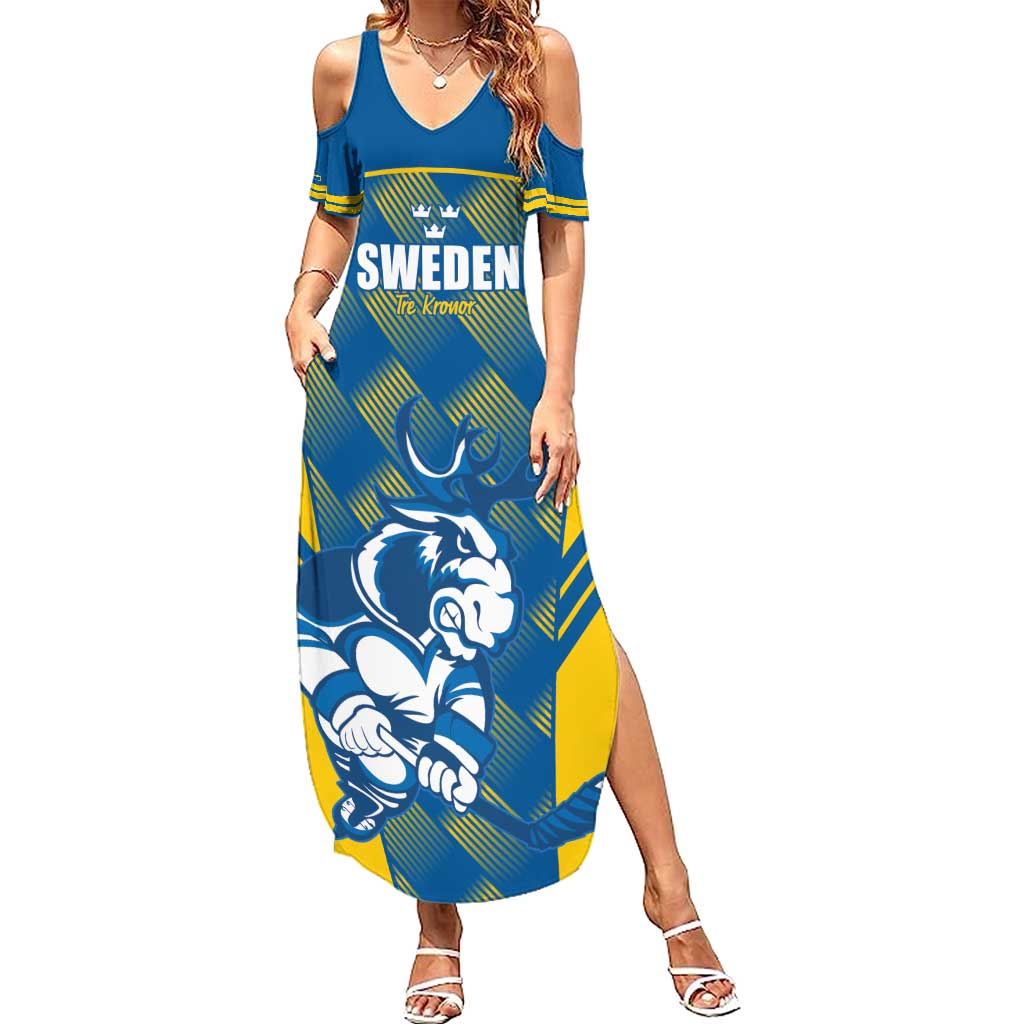 Sweden Hockey Custom Family Matching Summer Maxi Dress and Hawaiian Shirt Tre Kronor Swedish Moose Mascot