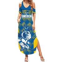 Sweden Hockey Custom Family Matching Summer Maxi Dress and Hawaiian Shirt Tre Kronor Swedish Moose Mascot