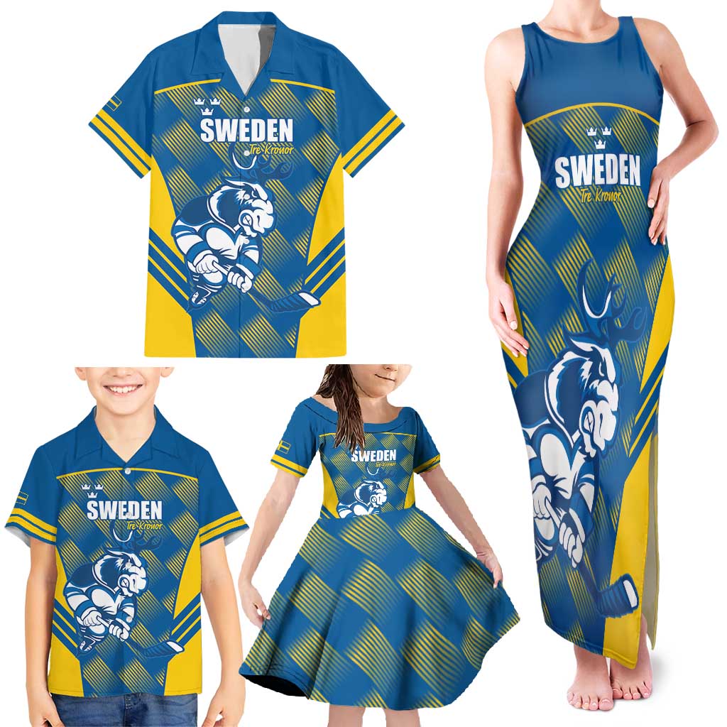 Sweden Hockey Custom Family Matching Tank Maxi Dress and Hawaiian Shirt Tre Kronor Swedish Moose Mascot
