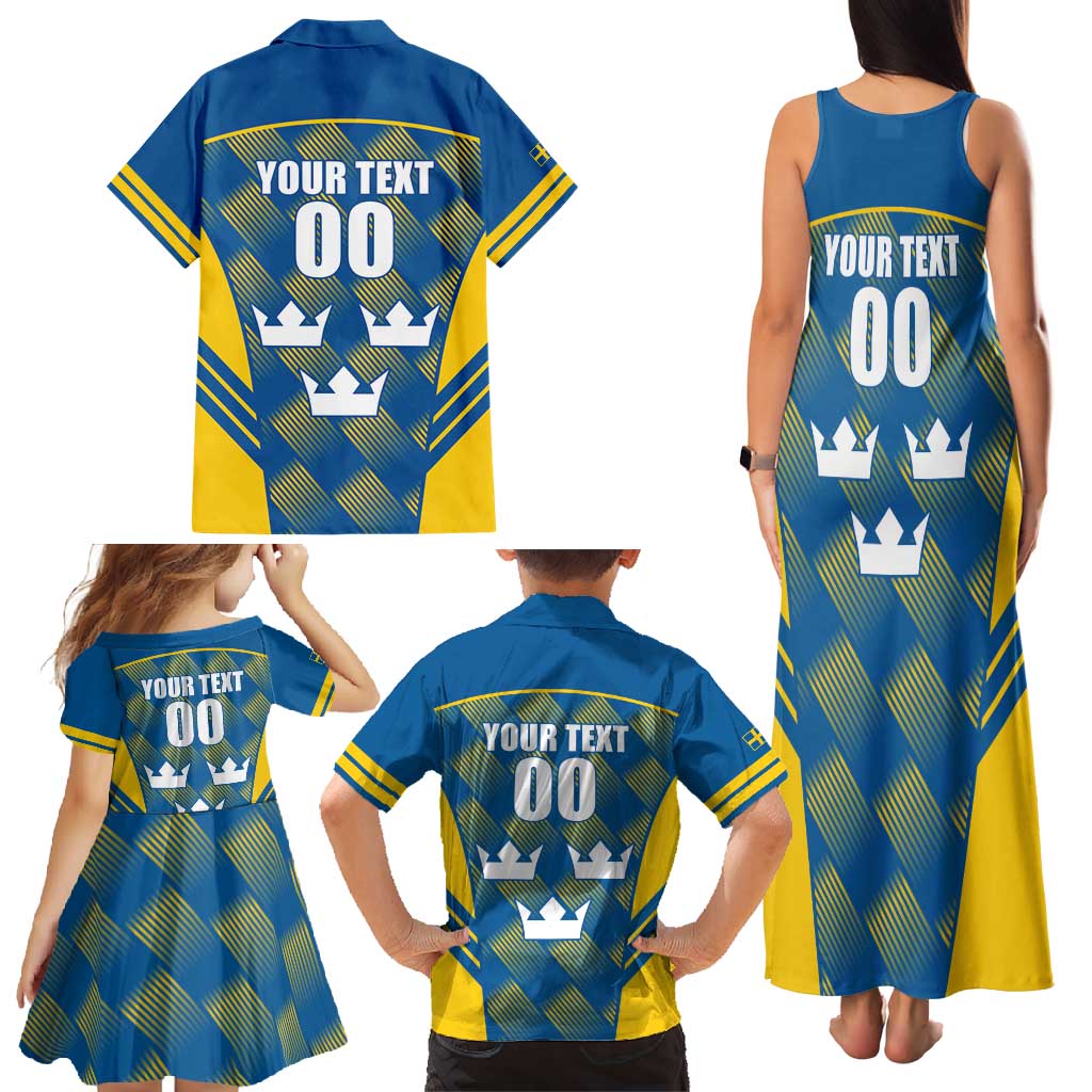 Sweden Hockey Custom Family Matching Tank Maxi Dress and Hawaiian Shirt Tre Kronor Swedish Moose Mascot