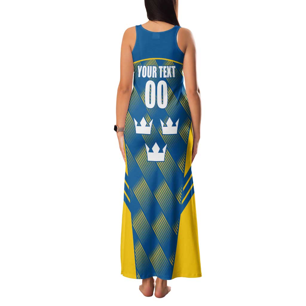 Sweden Hockey Custom Family Matching Tank Maxi Dress and Hawaiian Shirt Tre Kronor Swedish Moose Mascot