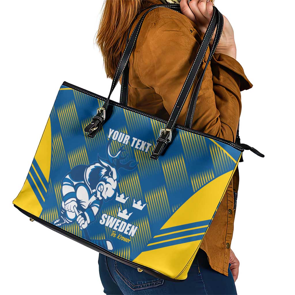 Sweden Hockey Custom Leather Tote Bag Tre Kronor Swedish Moose Mascot