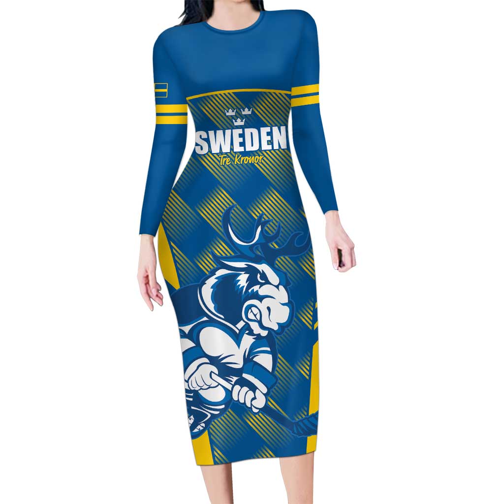 Sweden Hockey Custom Long Sleeve Bodycon Dress Tre Kronor Swedish Moose Mascot