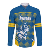 Sweden Hockey Custom Long Sleeve Button Shirt Tre Kronor Swedish Moose Mascot