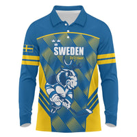 Sweden Hockey Custom Long Sleeve Polo Shirt Tre Kronor Swedish Moose Mascot