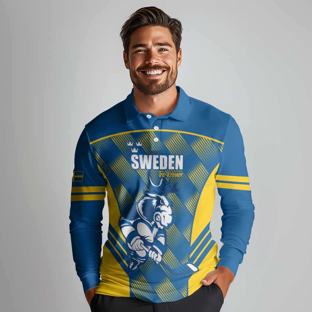 Sweden Hockey Custom Long Sleeve Polo Shirt Tre Kronor Swedish Moose Mascot