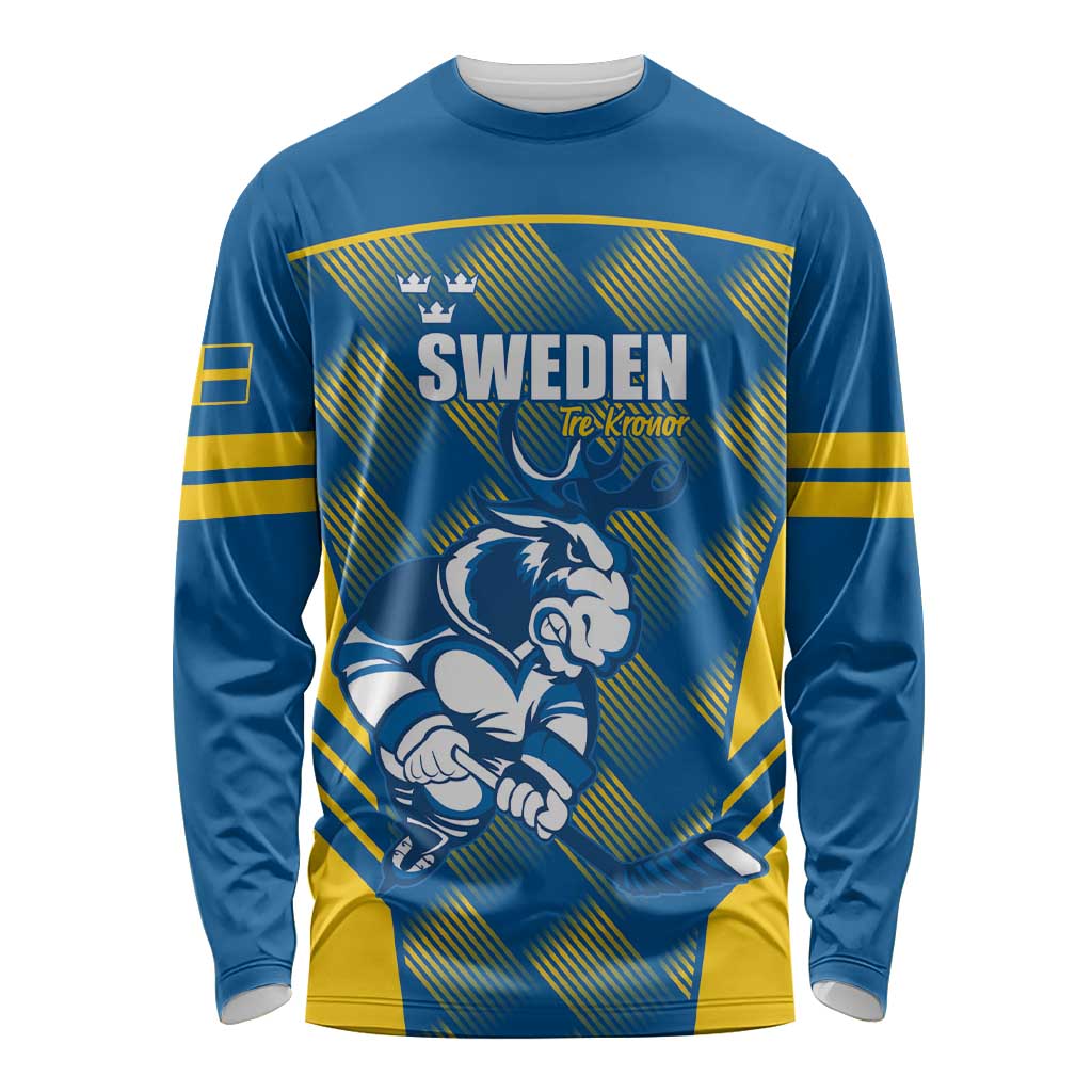 Sweden Hockey Custom Long Sleeve Shirt Tre Kronor Swedish Moose Mascot