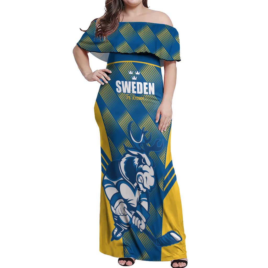 Sweden Hockey Custom Off Shoulder Maxi Dress Tre Kronor Swedish Moose Mascot