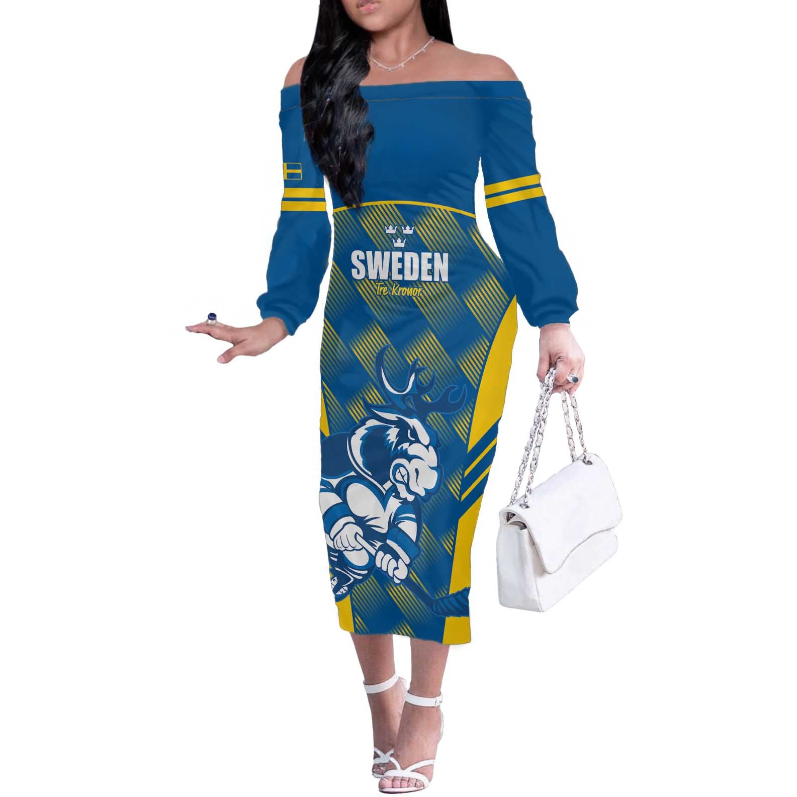 Sweden Hockey Custom Off The Shoulder Long Sleeve Dress Tre Kronor Swedish Moose Mascot
