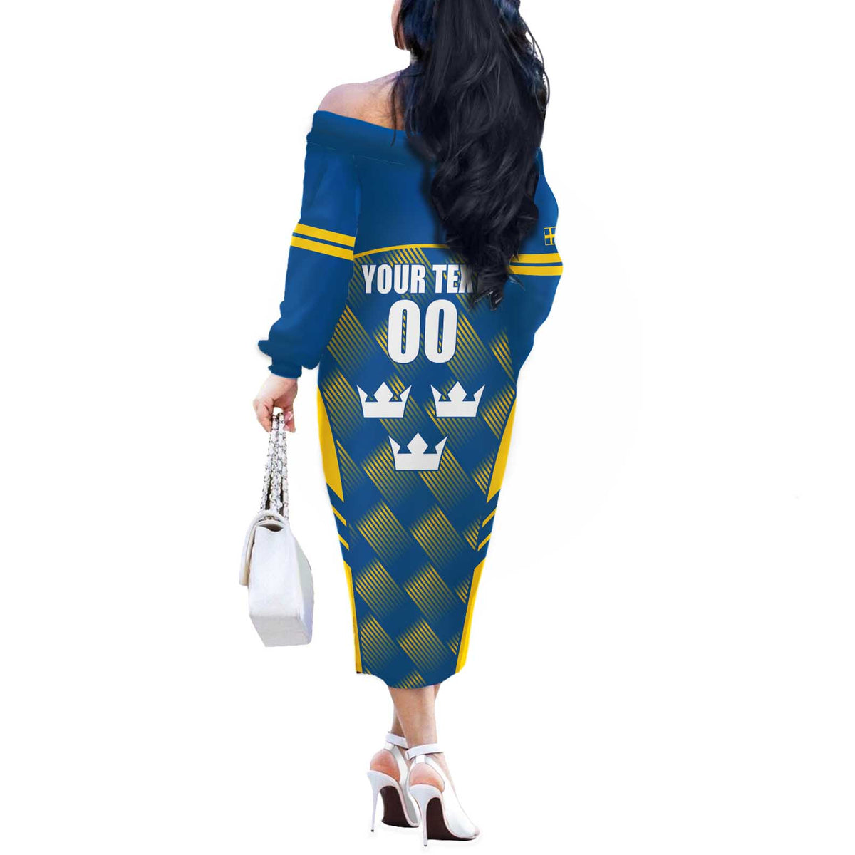 Sweden Hockey Custom Off The Shoulder Long Sleeve Dress Tre Kronor Swedish Moose Mascot