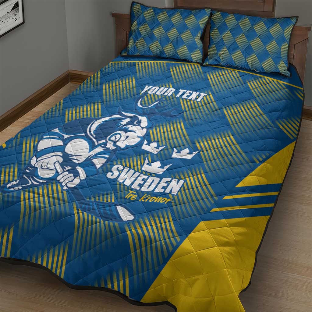Sweden Hockey Custom Quilt Bed Set Tre Kronor Swedish Moose Mascot