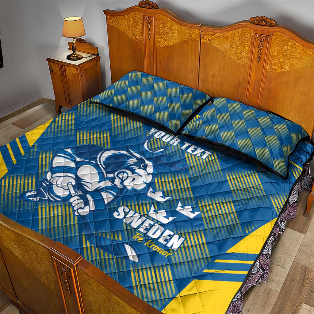 Sweden Hockey Custom Quilt Bed Set Tre Kronor Swedish Moose Mascot