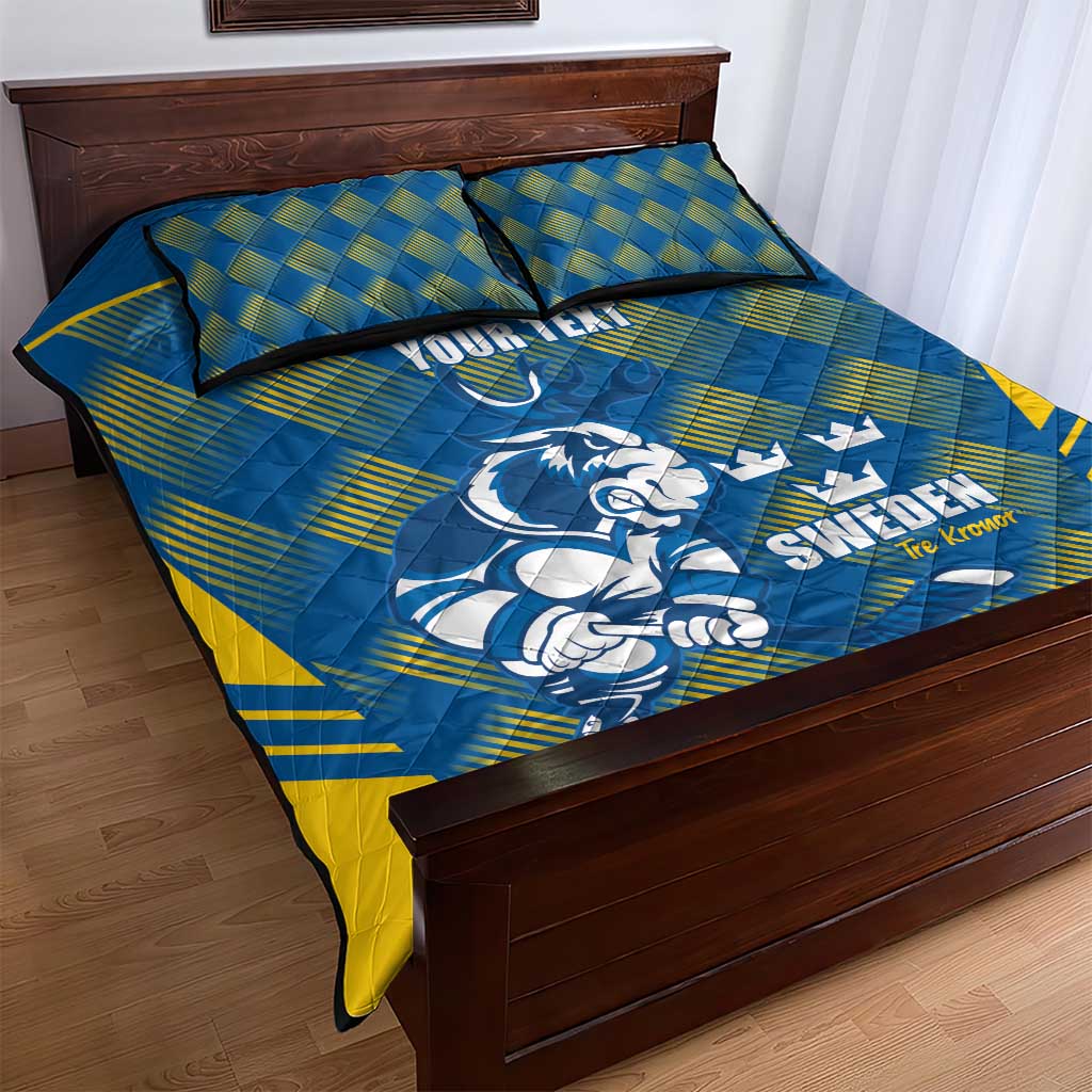 Sweden Hockey Custom Quilt Bed Set Tre Kronor Swedish Moose Mascot