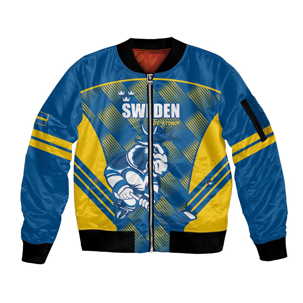 Sweden Hockey Custom Sleeve Zip Bomber Jacket Tre Kronor Swedish Moose Mascot