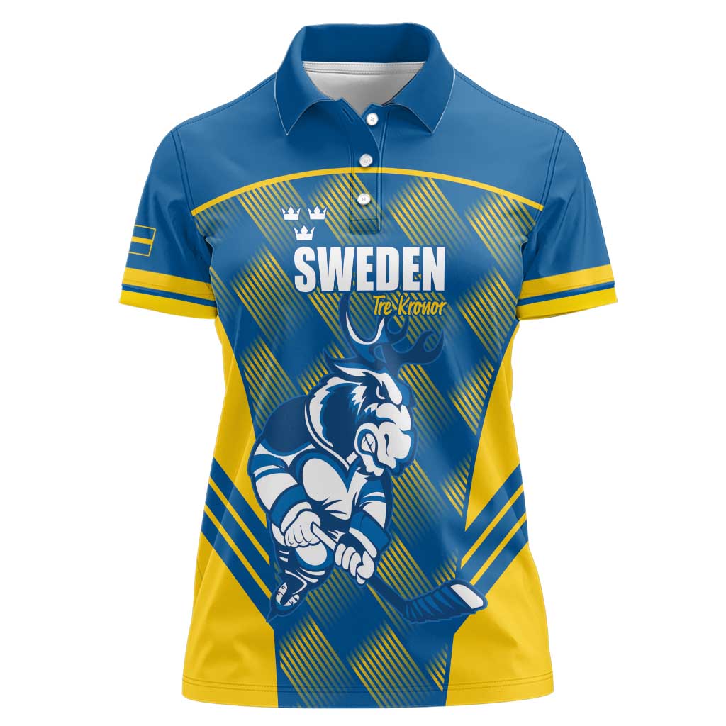 Sweden Hockey Custom Women Polo Shirt Tre Kronor Swedish Moose Mascot