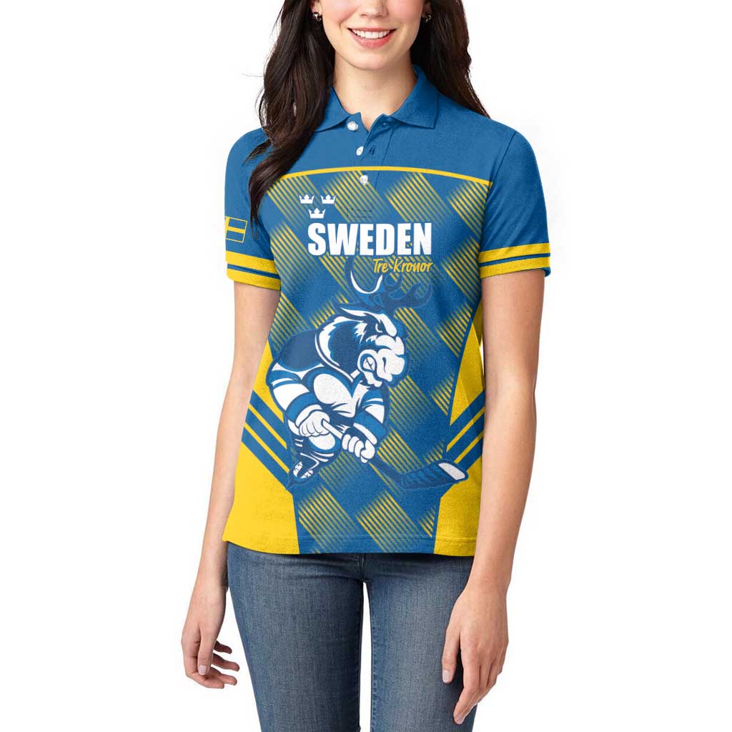 Sweden Hockey Custom Women Polo Shirt Tre Kronor Swedish Moose Mascot