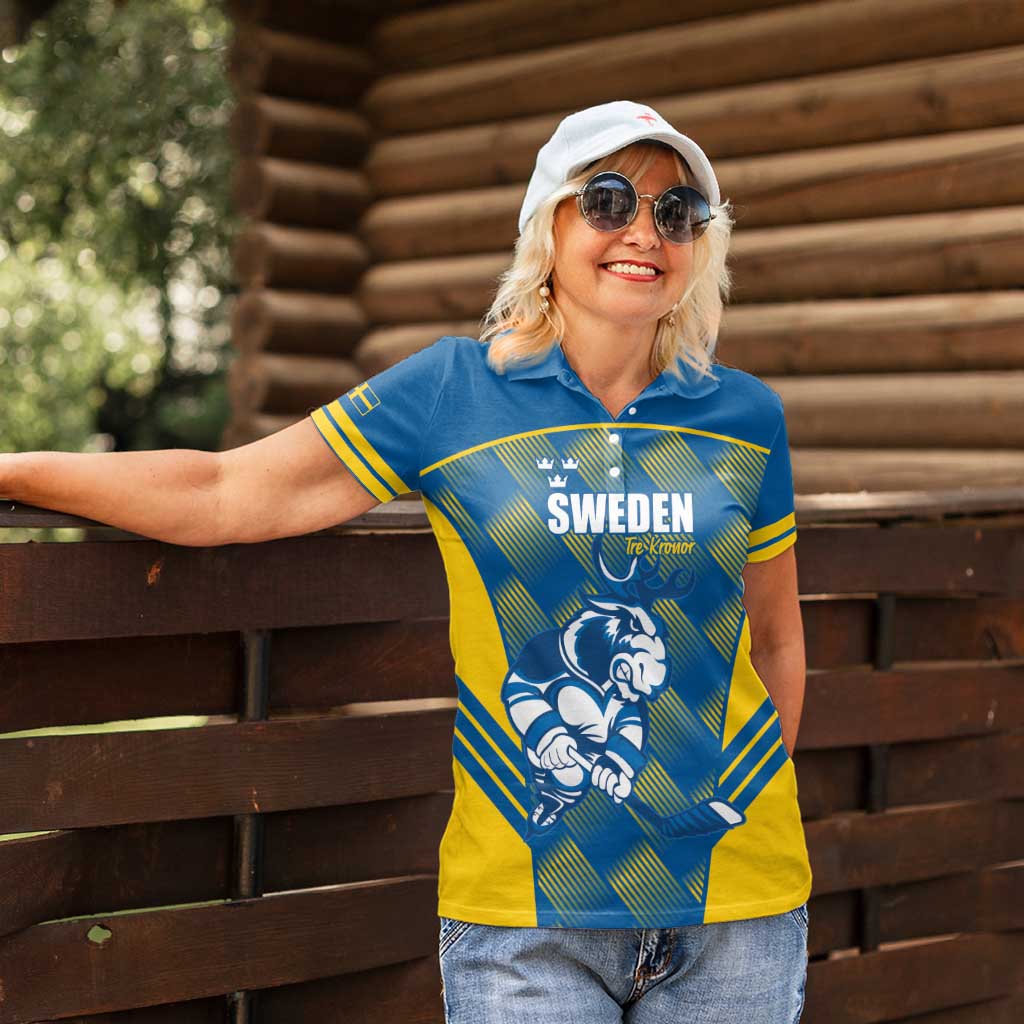 Sweden Hockey Custom Women Polo Shirt Tre Kronor Swedish Moose Mascot