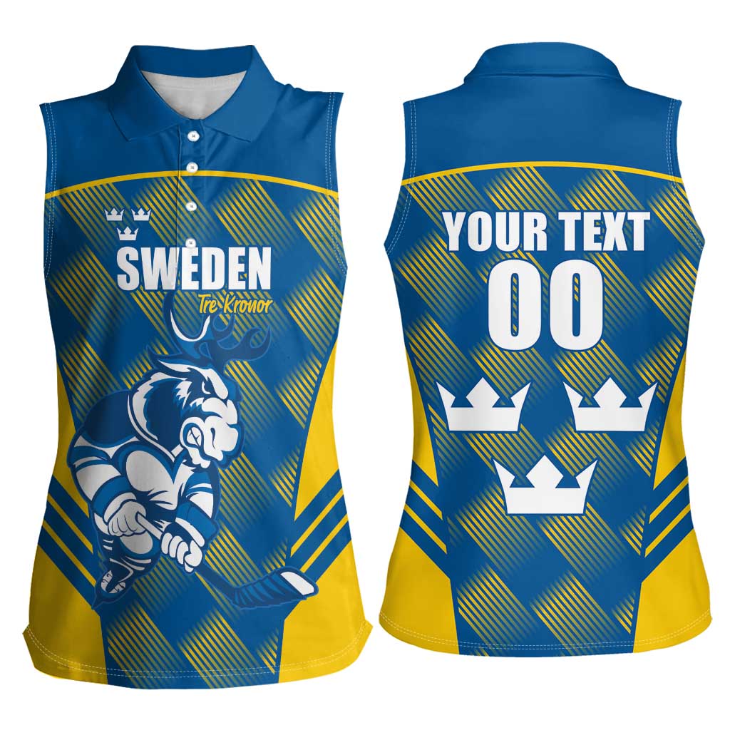 Sweden Hockey Custom Women Sleeveless Polo Shirt Tre Kronor Swedish Moose Mascot