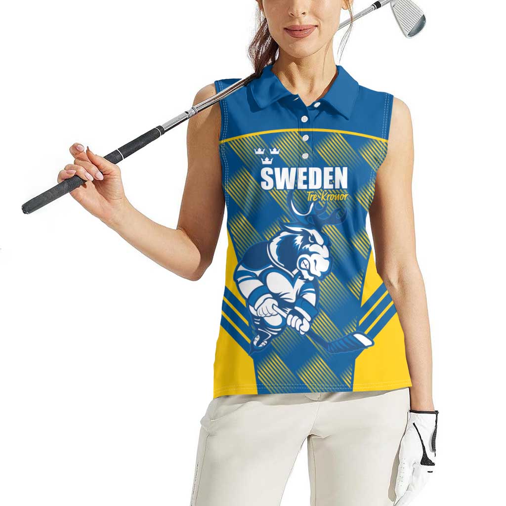 Sweden Hockey Custom Women Sleeveless Polo Shirt Tre Kronor Swedish Moose Mascot