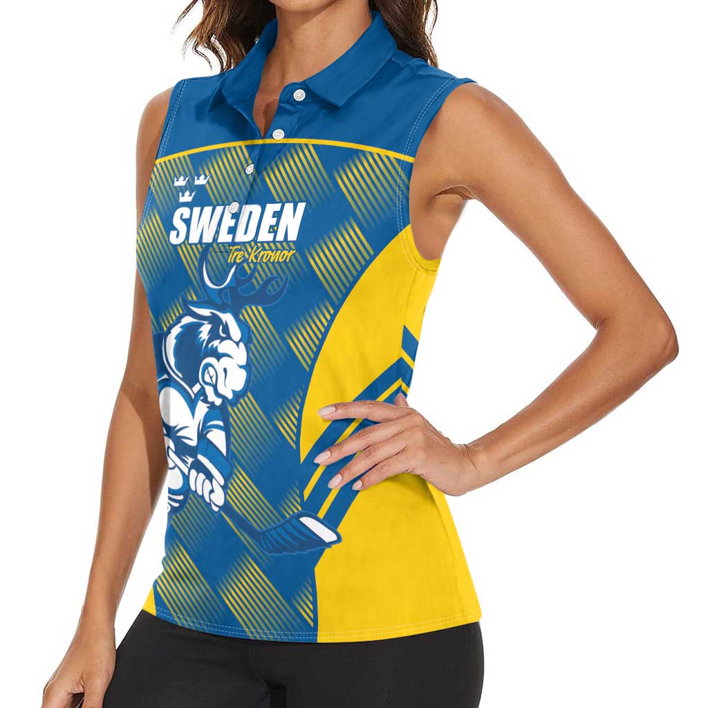 Sweden Hockey Custom Women Sleeveless Polo Shirt Tre Kronor Swedish Moose Mascot