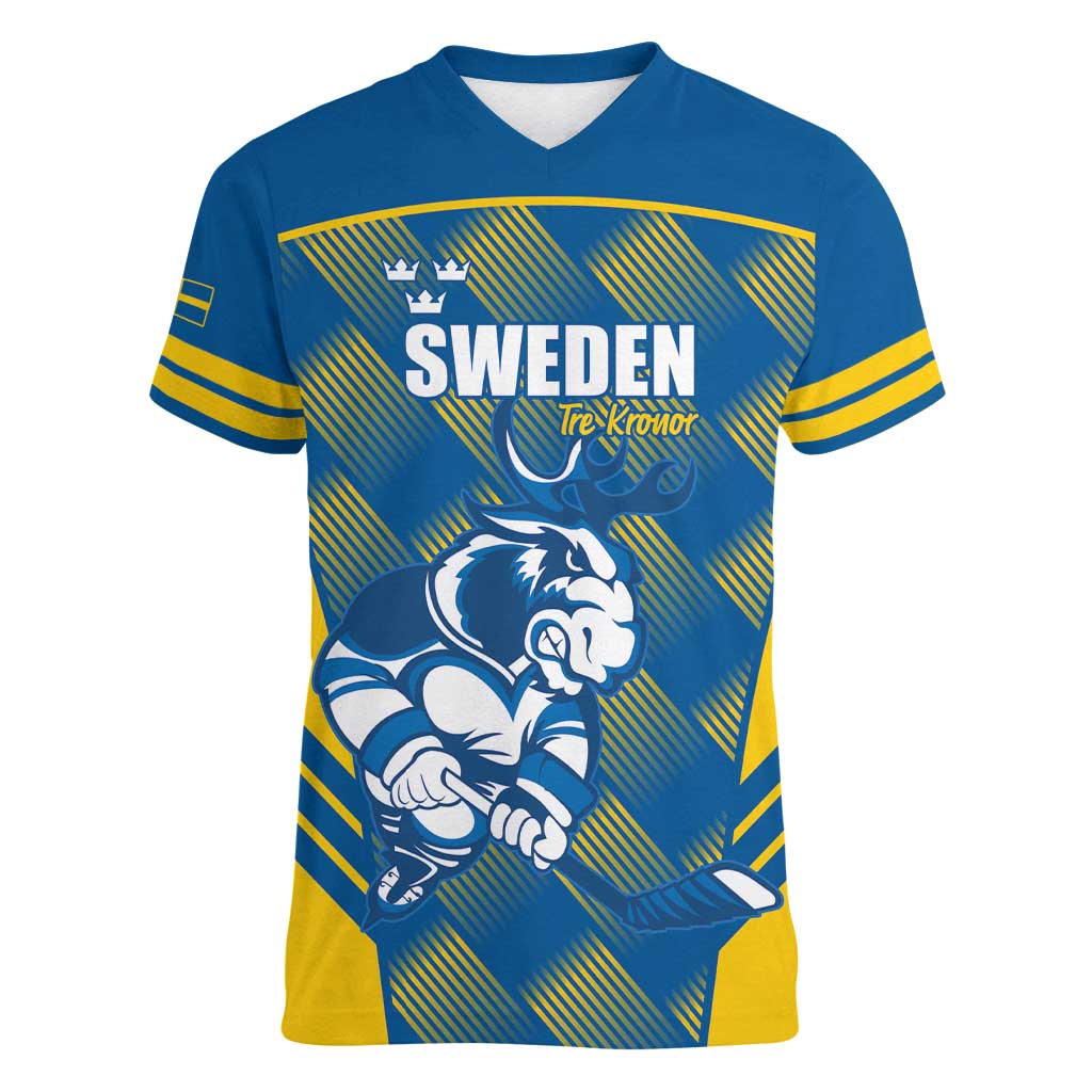 Sweden Hockey Custom Women V-Neck T-Shirt Tre Kronor Swedish Moose Mascot