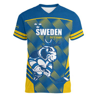 Sweden Hockey Custom Women V-Neck T-Shirt Tre Kronor Swedish Moose Mascot