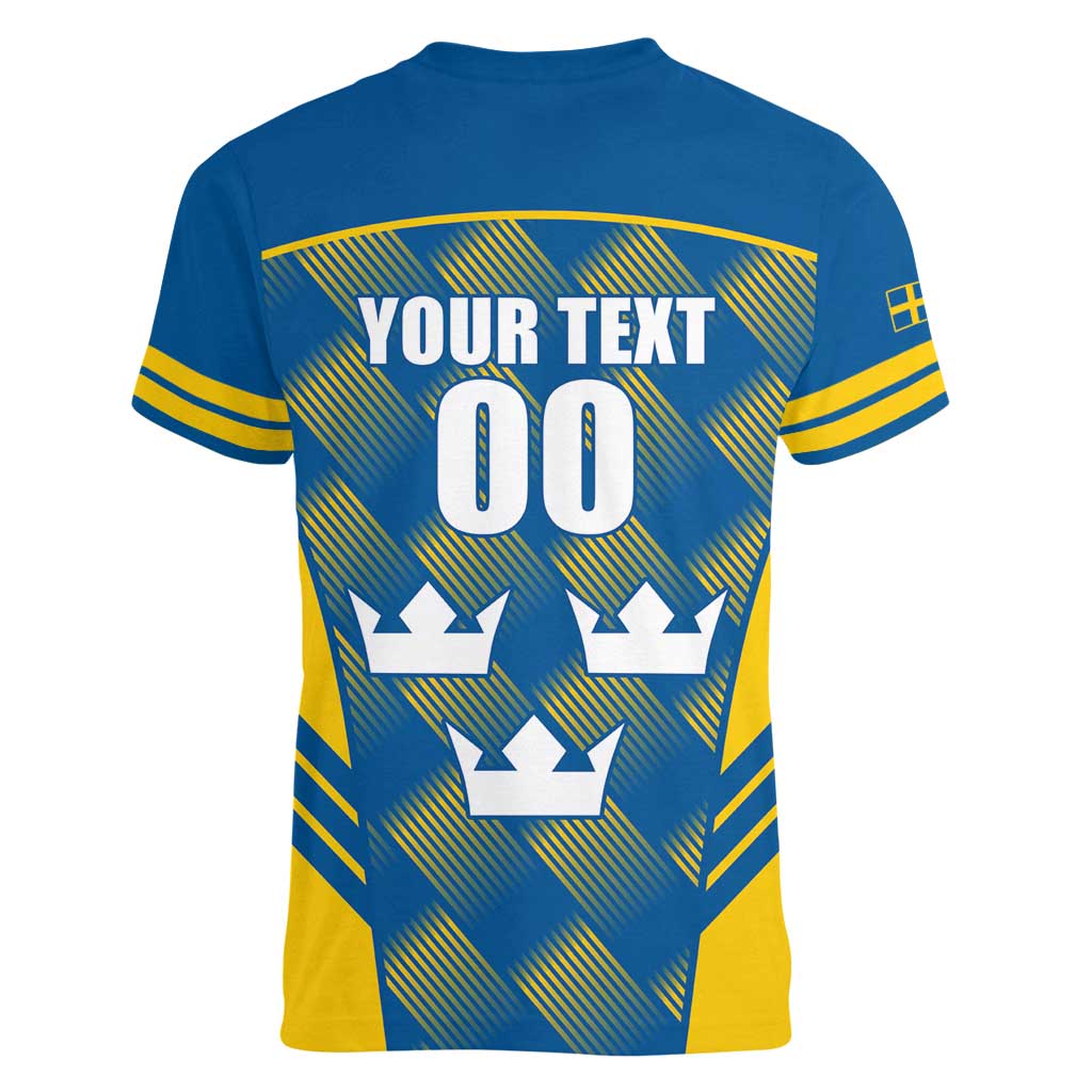 Sweden Hockey Custom Women V-Neck T-Shirt Tre Kronor Swedish Moose Mascot