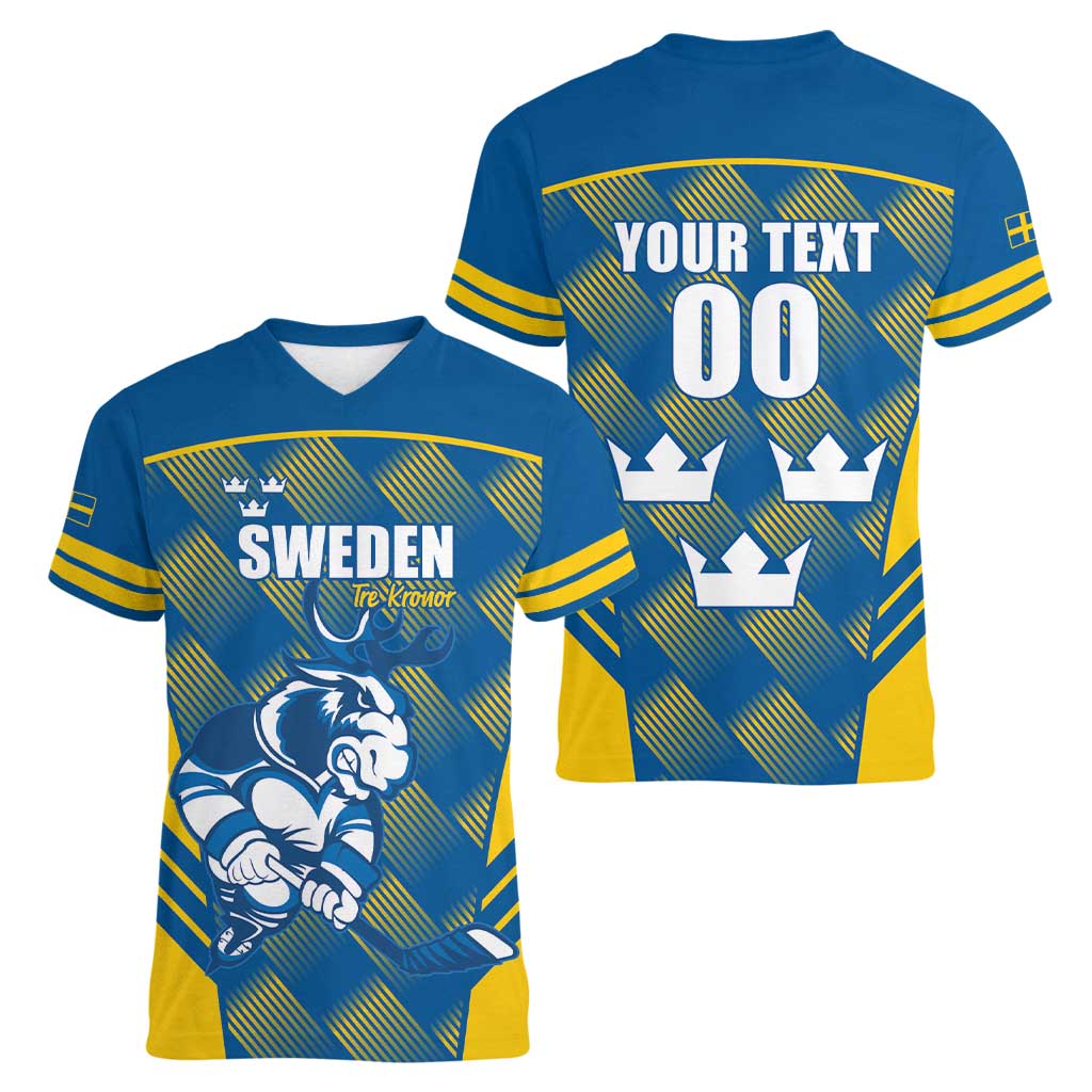 Sweden Hockey Custom Women V-Neck T-Shirt Tre Kronor Swedish Moose Mascot