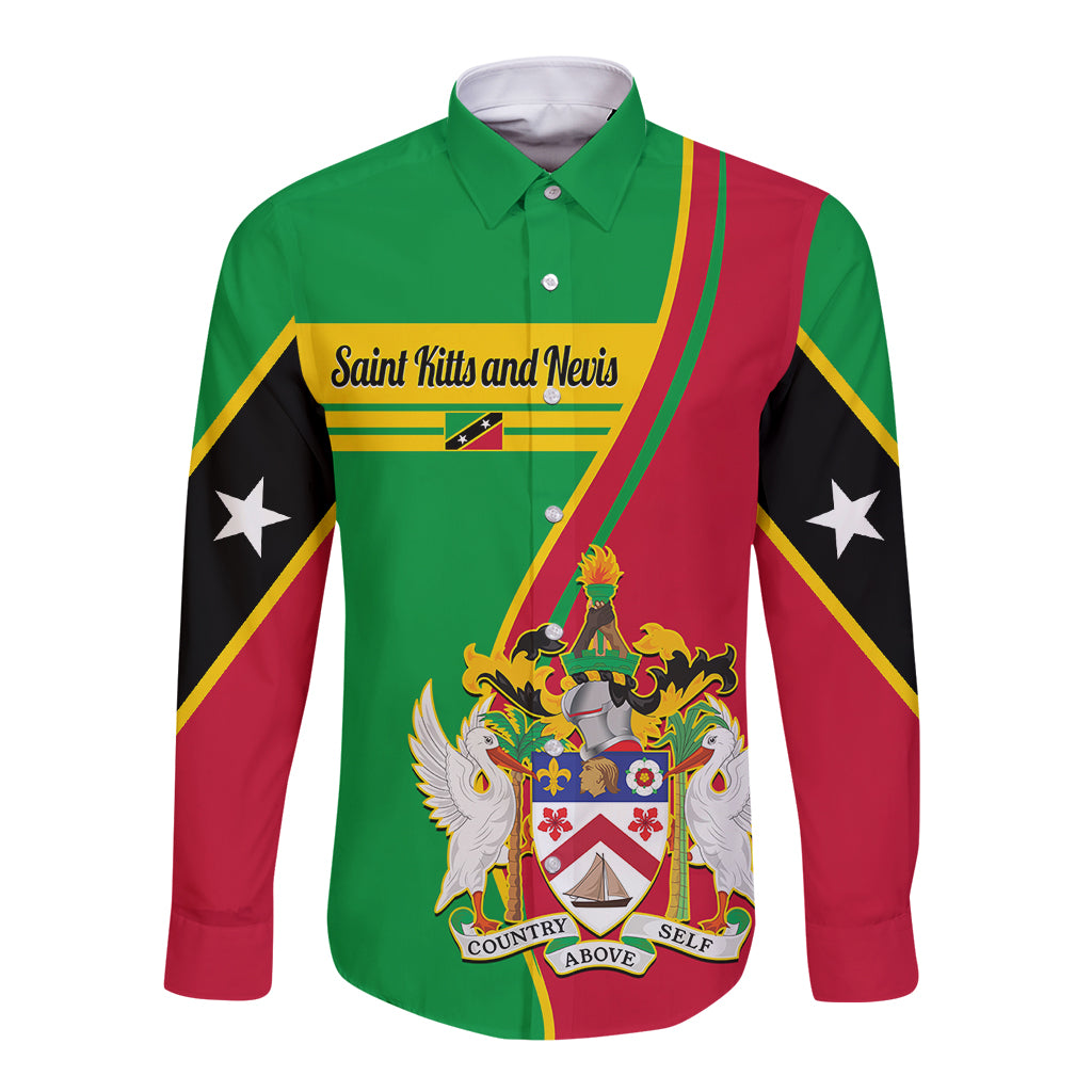 Personalised Saint Kitts and Nevis Long Sleeve Button Shirt Coat Of Arms Style - Wonder Print Shop