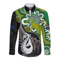 Personalised New Zealand And Australia Long Sleeve Button Shirt Aboriginal Mix Aotearoa Maori Unique Style - Wonder Print Shop