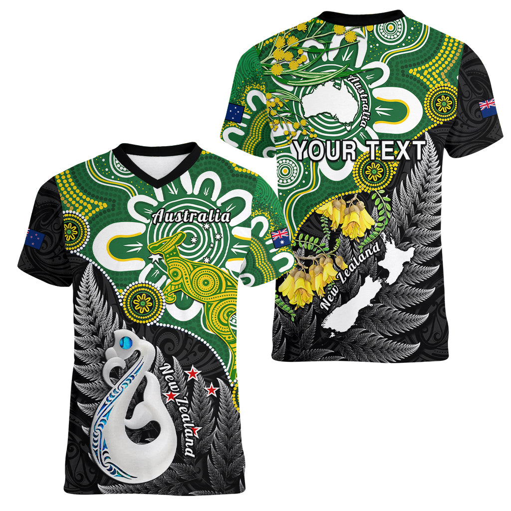 Personalised New Zealand And Australia Women V Neck T Shirt Aboriginal Mix Aotearoa Maori Unique Style - Wonder Print Shop