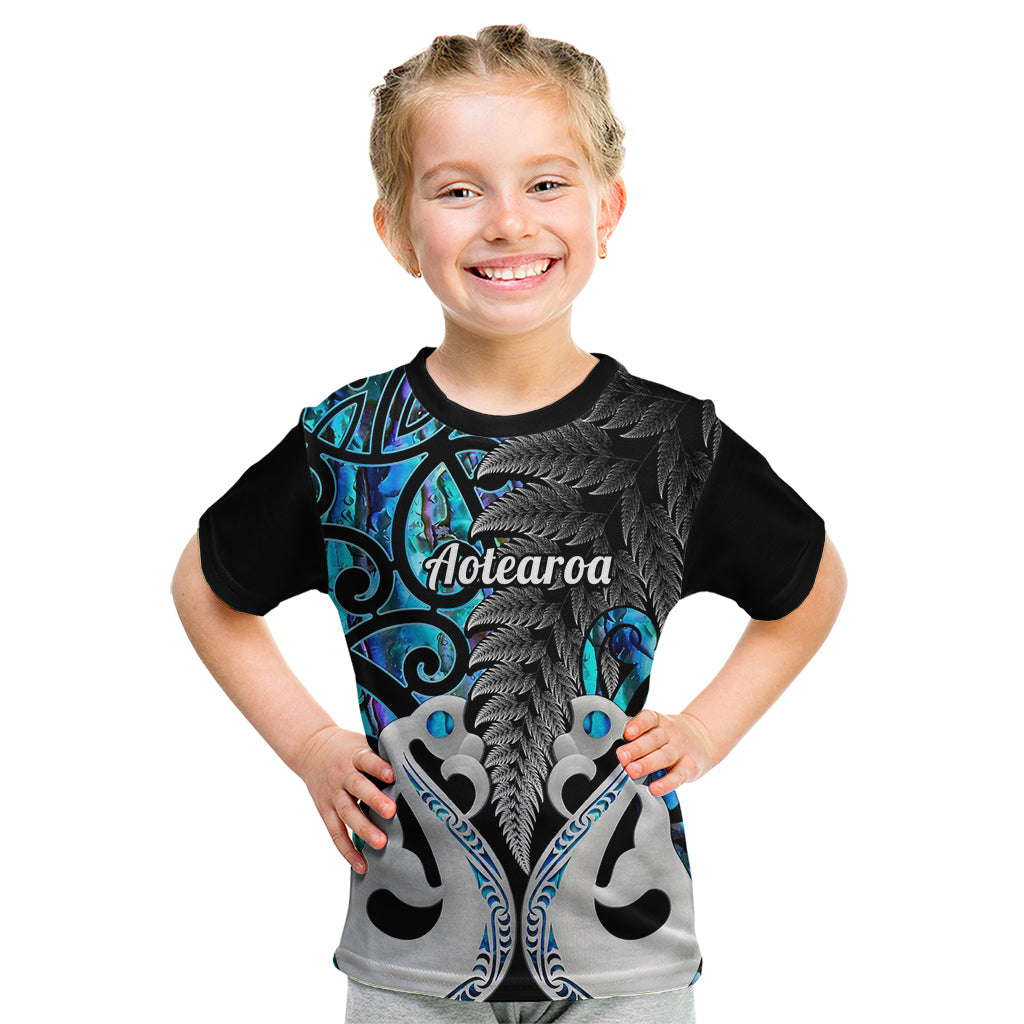 Personalised New Zealand Kid T Shirt Te Manaia Mangopare Maori And Fern Blue Style - Wonder Print Shop