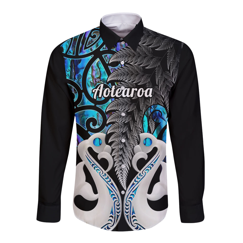 Personalised New Zealand Long Sleeve Button Shirt Te Manaia Mangopare Maori And Fern Blue Style - Wonder Print Shop