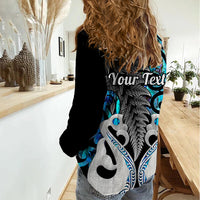 Personalised New Zealand Women Casual Shirt Te Manaia Mangopare Maori And Fern Blue Style - Wonder Print Shop