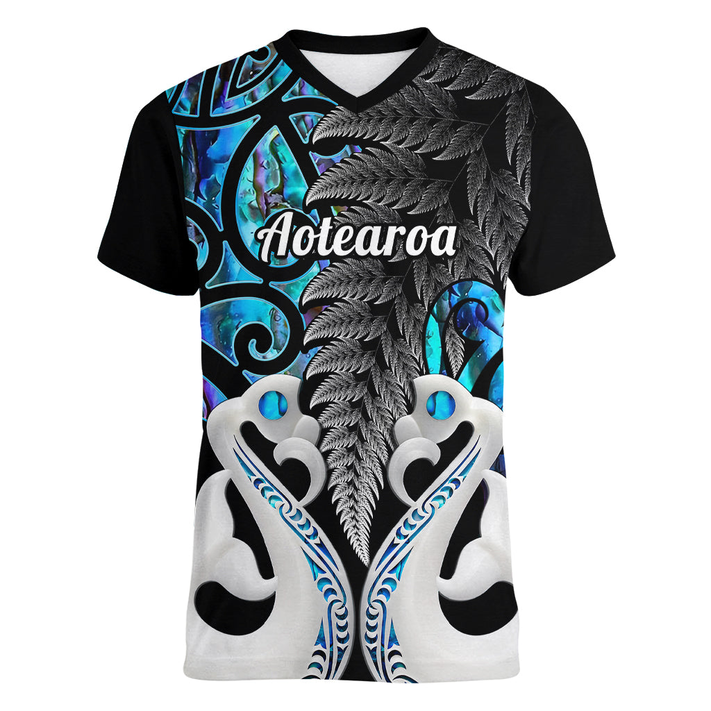 Personalised New Zealand Women V Neck T Shirt Te Manaia Mangopare Maori And Fern Blue Style - Wonder Print Shop