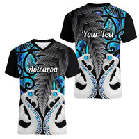 Personalised New Zealand Women V Neck T Shirt Te Manaia Mangopare Maori And Fern Blue Style - Wonder Print Shop