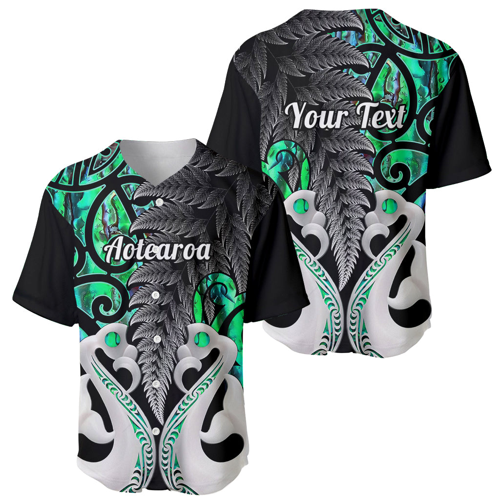 Baseball jersey front and back with black and green fern artwork, V-neck buttons