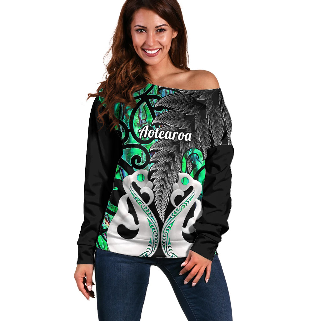 Personalised New Zealand Off Shoulder Sweater Te Manaia Mangopare Maori And Fern Green Style - Wonder Print Shop