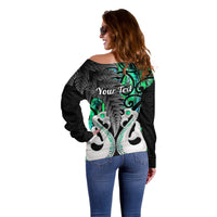 Personalised New Zealand Off Shoulder Sweater Te Manaia Mangopare Maori And Fern Green Style - Wonder Print Shop
