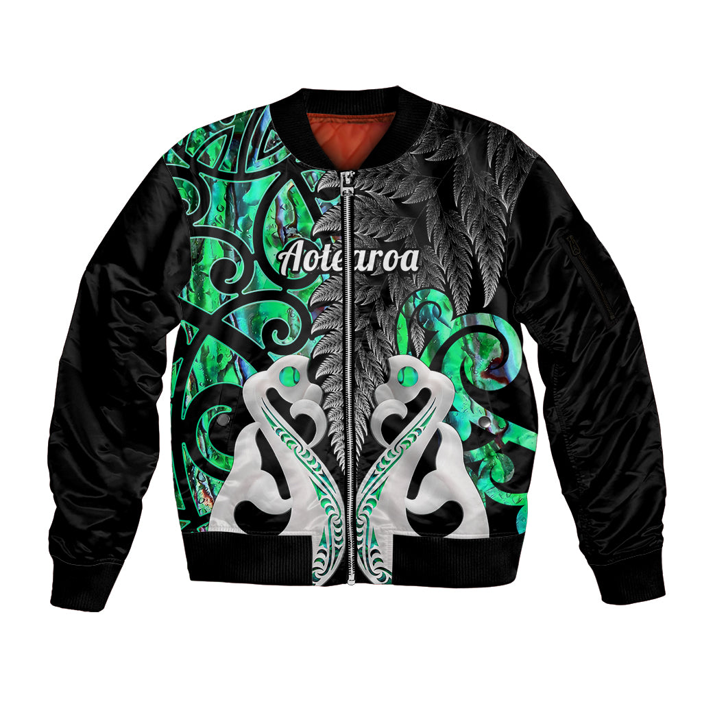 Personalised New Zealand Sleeve Zip Bomber Jacket Te Manaia Mangopare Maori And Fern Green Style - Wonder Print Shop