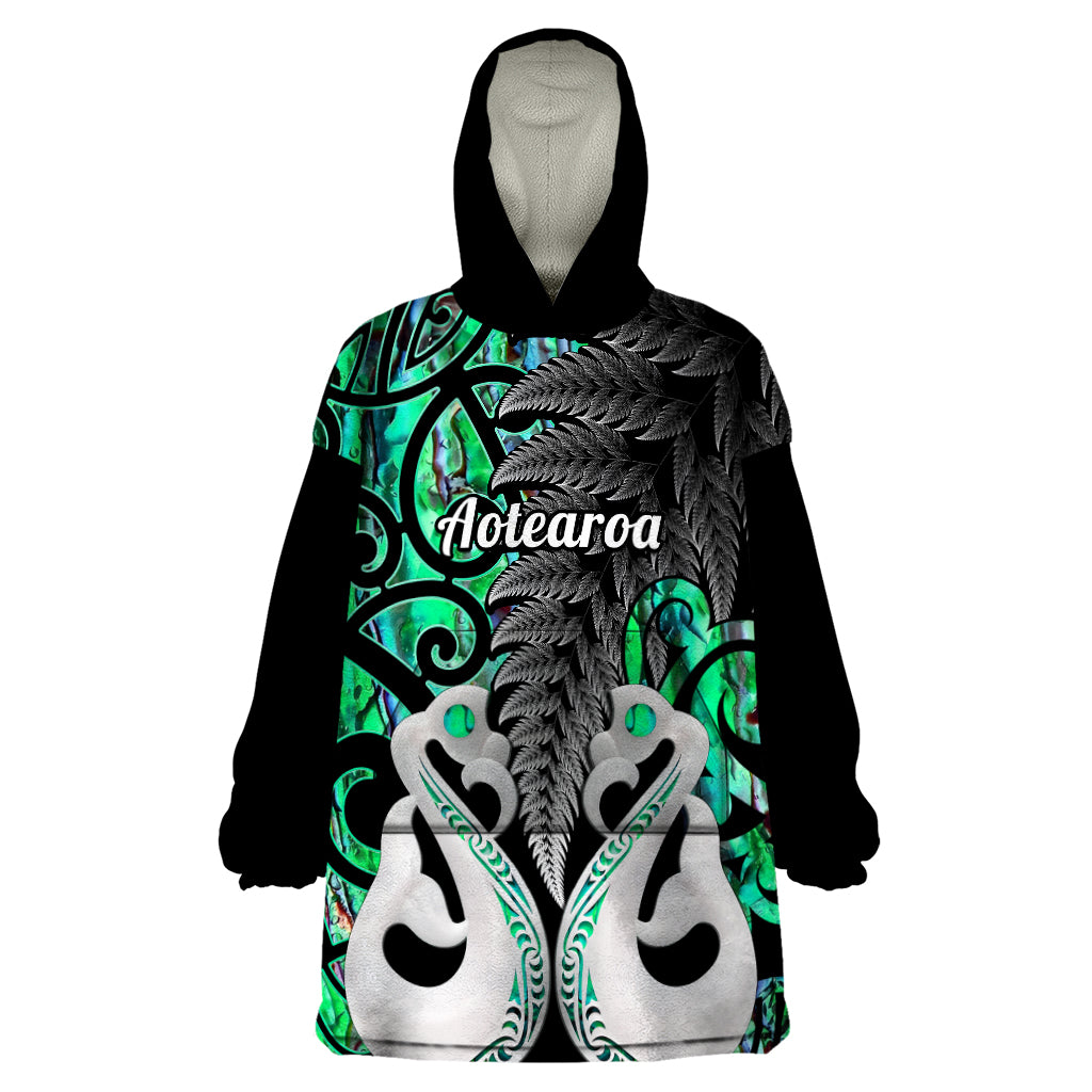 Personalised New Zealand Wearable Blanket Hoodie Te Manaia Mangopare Maori And Fern Green Style - Wonder Print Shop