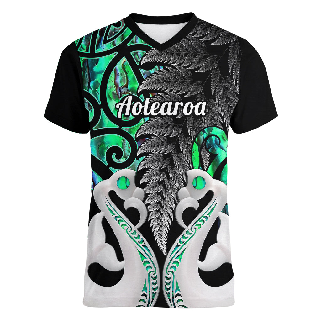 Personalised New Zealand Women V Neck T Shirt Te Manaia Mangopare Maori And Fern Green Style - Wonder Print Shop