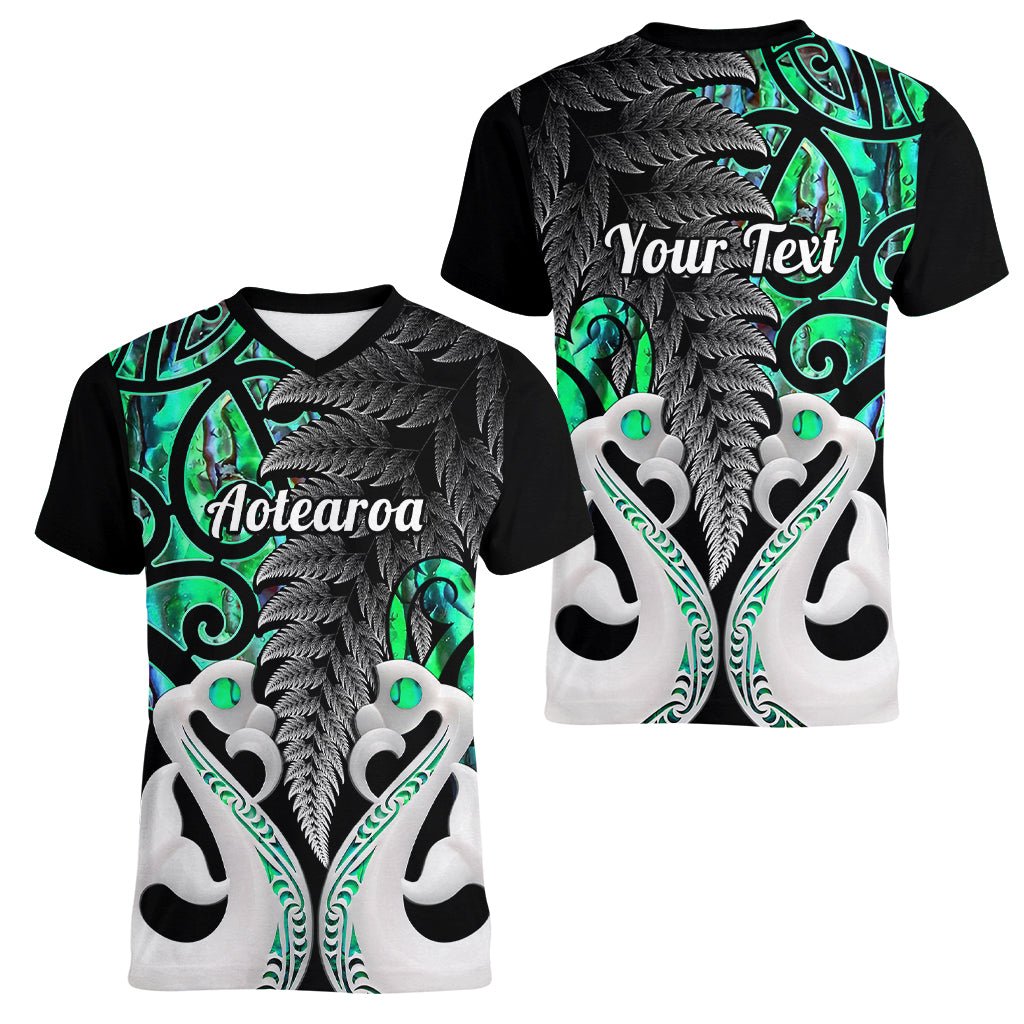 Personalised New Zealand Women V Neck T Shirt Te Manaia Mangopare Maori And Fern Green Style - Wonder Print Shop